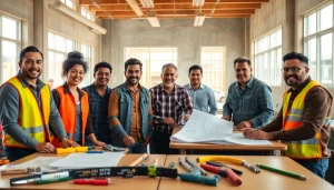 Engaging scene of construction workforce development training with diverse participants actively collaborating.