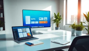 WPS下载 interface displayed on a modern office desk featuring laptops and mobile devices.