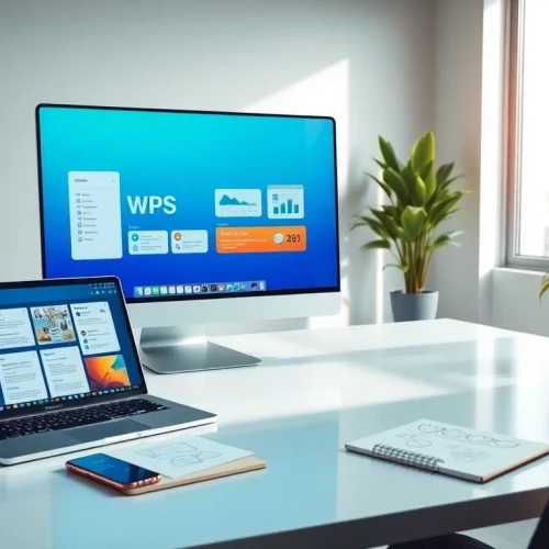 WPS下载 interface displayed on a modern office desk featuring laptops and mobile devices.