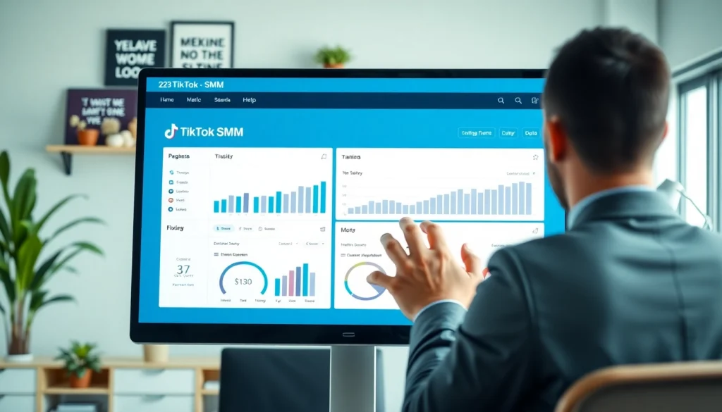 Analyze TikTok SMM panel interface data in a modern office for effective social media strategies.