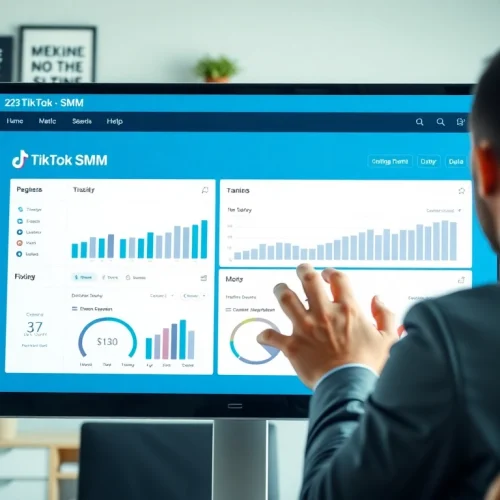 Analyze TikTok SMM panel interface data in a modern office for effective social media strategies.
