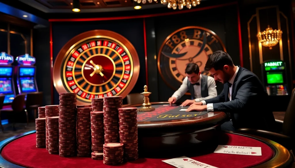 Experience the thrill of gaming at F88BET's luxurious poker table and roulette.