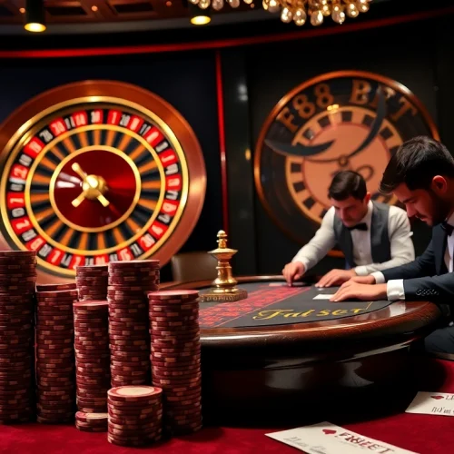 Experience the thrill of gaming at F88BET's luxurious poker table and roulette.