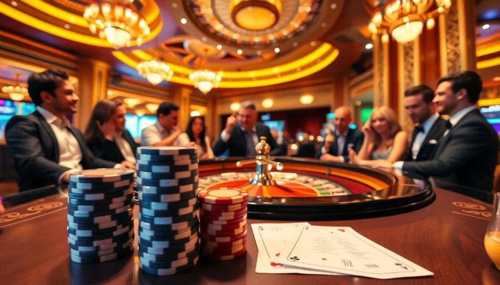 An engaging casino atmosphere featuring a roulette table, poker chips, and elements from https://luck8.name/ emphasizing excitement and luxury.