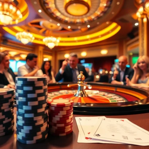 An engaging casino atmosphere featuring a roulette table, poker chips, and elements from https://luck8.name/ emphasizing excitement and luxury.
