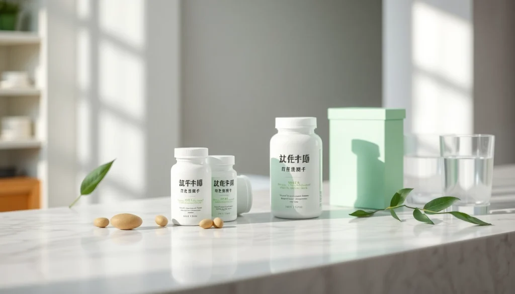 大理石のカウンターの上に美しく並べられた葉酸サプリメント。ウェルネスを促進。