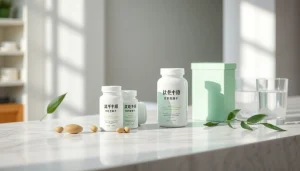 大理石のカウンターの上に美しく並べられた葉酸サプリメント。ウェルネスを促進。