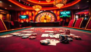 VUA99 players engage in exhilarating casino games with vibrant poker chips and cards on the table.