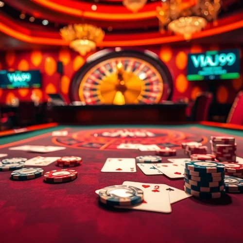 VUA99 players engage in exhilarating casino games with vibrant poker chips and cards on the table.