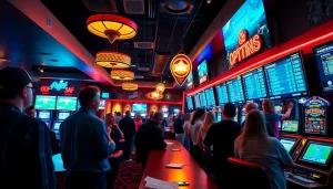 Engaged individuals participating in sports betting in Oklahoma at a lively casino.