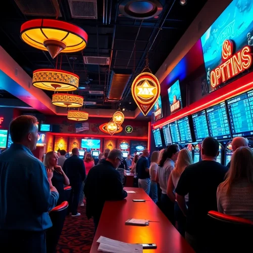 Engaged individuals participating in sports betting in Oklahoma at a lively casino.