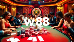 Experience thrilling gaming action at W 88 with engaged players around a vibrant casino table.