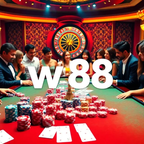 Experience thrilling gaming action at W 88 with engaged players around a vibrant casino table.