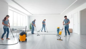 Cleaning professionals performing move out cleaning in a spacious apartment with bright lighting.