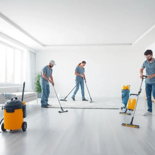 Cleaning professionals performing move out cleaning in a spacious apartment with bright lighting.