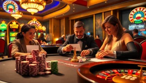 A thrilling gambling scene at https://32win.football/ with poker chips, slot machines, and players.