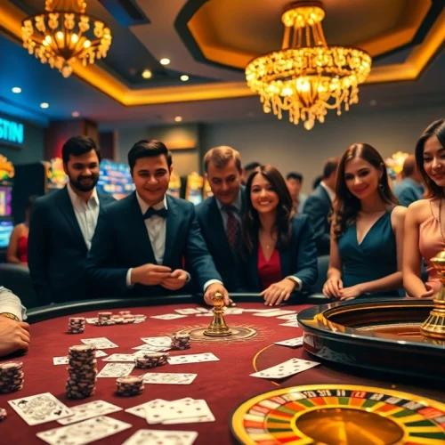 Experience the thrill of jeetbuzz at exciting casino tables filled with chips, cards, and vibrant players.