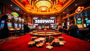 Experience the thrilling games at 389WIN casino with vibrant slot machines and engaging players.