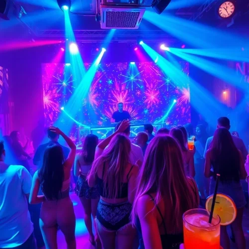 Experience nightlife fun at Nightclubs near Isla Verde with vibrant dance scene and colorful lights.