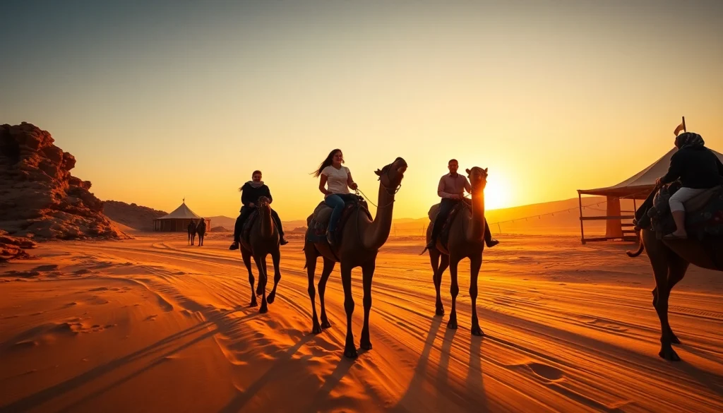Agafay Desert camel ride at sunset showcasing riders on camels against a golden dune backdrop.