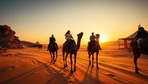 Agafay Desert camel ride at sunset showcasing riders on camels against a golden dune backdrop.