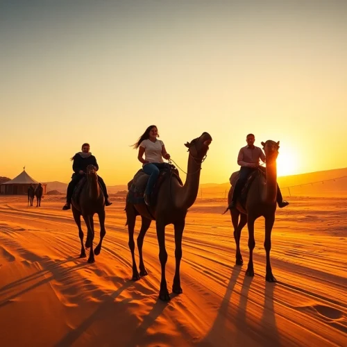 Agafay Desert camel ride at sunset showcasing riders on camels against a golden dune backdrop.