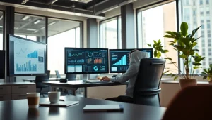 Analyze competitive intelligence trends using advanced tools in a bright modern office.