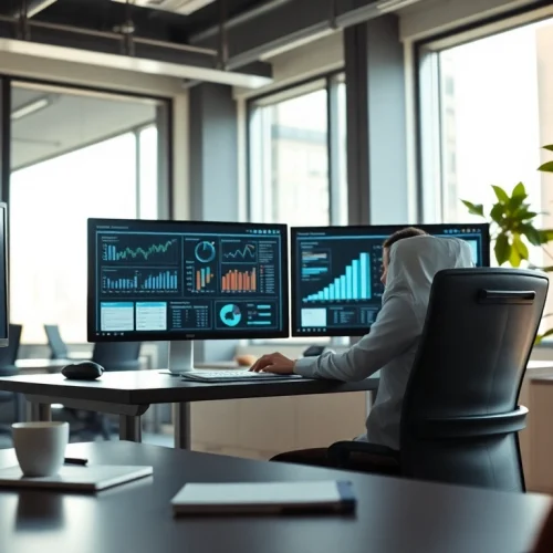Analyze competitive intelligence trends using advanced tools in a bright modern office.