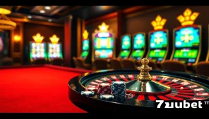 Experience the excitement of gambling at 7upbet with a luxurious casino scene adorned with a roulette wheel.