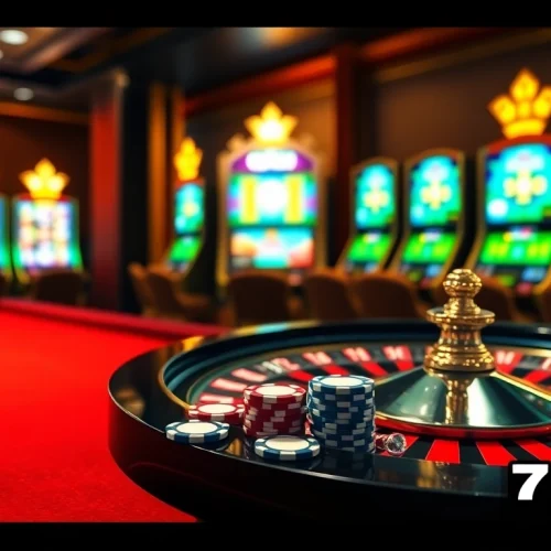 Experience the excitement of gambling at 7upbet with a luxurious casino scene adorned with a roulette wheel.