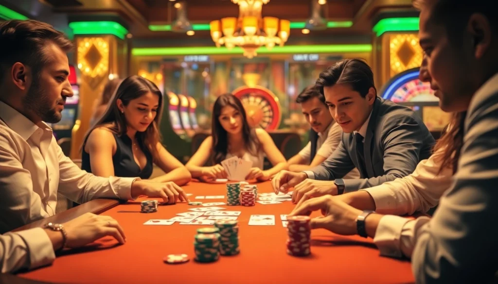 Exciting game action at b52club casino table with poker chips and cards.