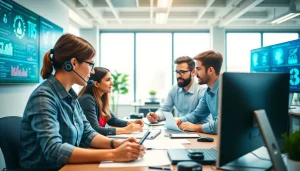 Engaging nonprofit IT support team collaborating in a bright office setting.