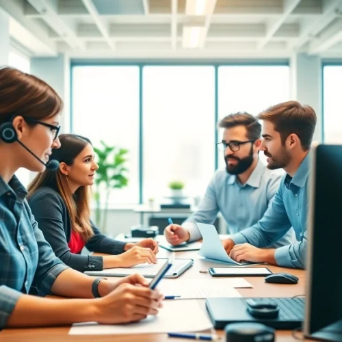 Engaging nonprofit IT support team collaborating in a bright office setting.