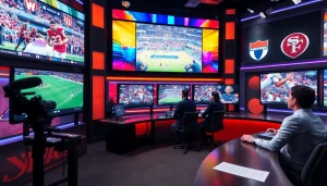 Engaging sports broadcasting scene capturing hosts and live action on screens.