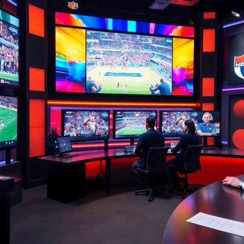 Engaging sports broadcasting scene capturing hosts and live action on screens.