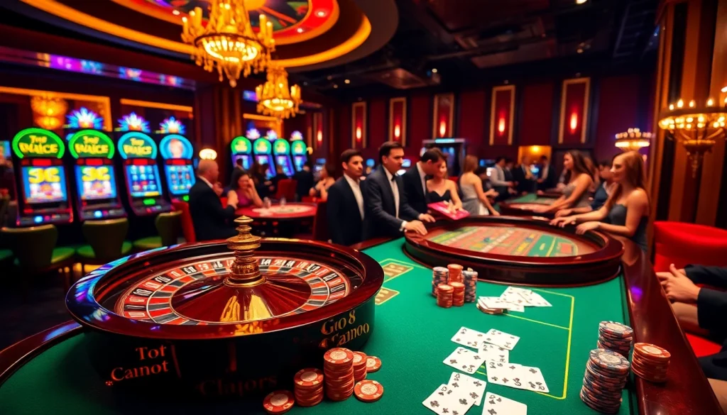 Players enjoying a thrilling GO8 casino experience with roulette, poker chips, and vibrant cards.