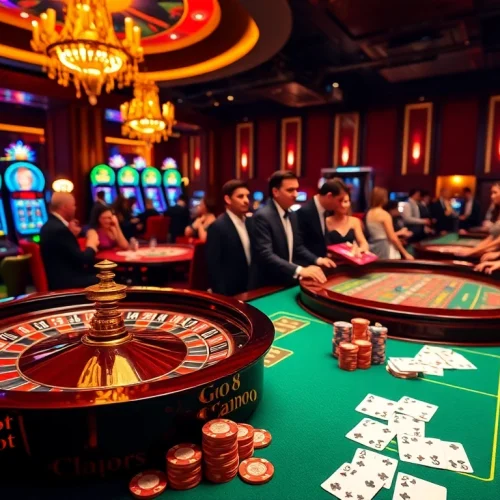 Players enjoying a thrilling GO8 casino experience with roulette, poker chips, and vibrant cards.