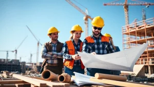 Construction association team reviewing blueprints at a bustling construction site.
