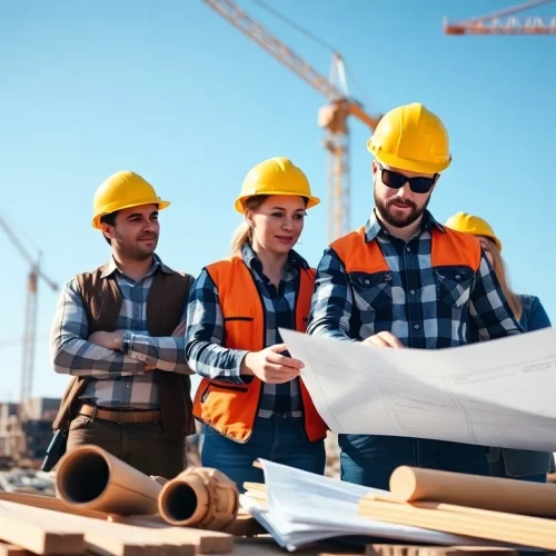 Construction association team reviewing blueprints at a bustling construction site.