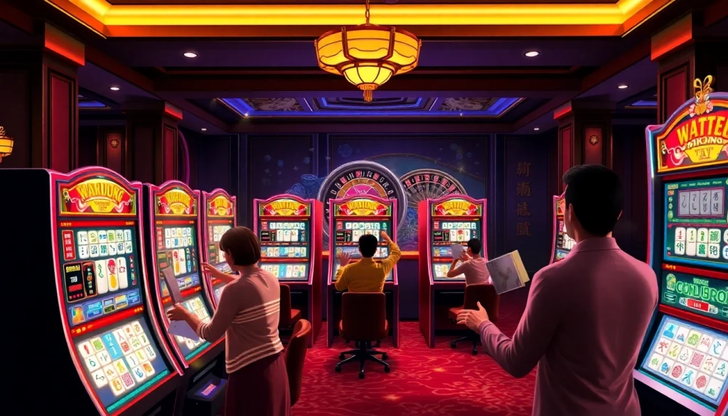 Pemain yang menikmati permainan slot Mahjong Ways 2 dengan warna-warni cerah dan suasana kasino.