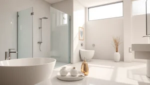 Showcasing elegant showers with a sleek design and luxurious bathroom accessories.