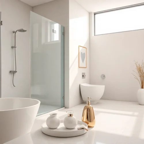 Showcasing elegant showers with a sleek design and luxurious bathroom accessories.