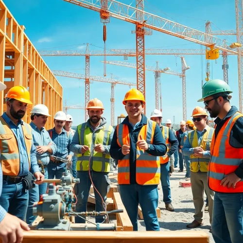 Showcasing professionals pursuing careers in construction through teamwork at a vibrant job site.
