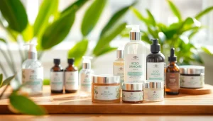 Ekologiska kosmetika produktų asortimentas ant natūralaus medžio stalo.