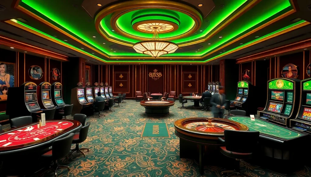 Experience thrilling BJ38 gambling activities in a luxurious casino atmosphere with vibrant tables.