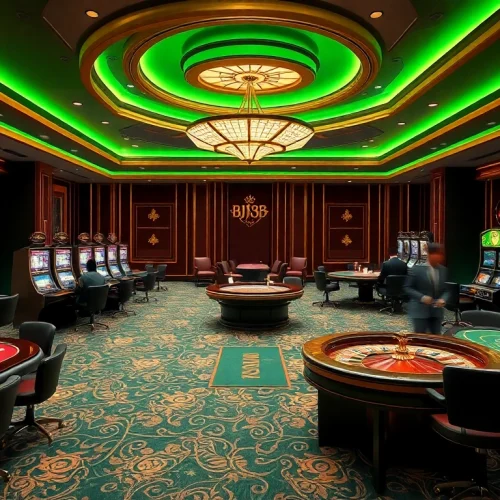 Experience thrilling BJ38 gambling activities in a luxurious casino atmosphere with vibrant tables.