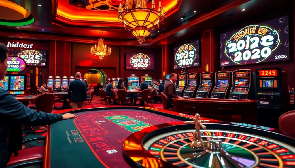 Excited players at a luxurious casino featuring slot machines and poker tables highlighting hidden wiki 2026.