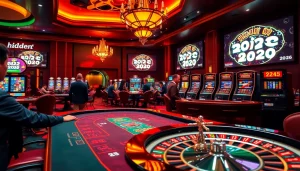 Excited players at a luxurious casino featuring slot machines and poker tables highlighting hidden wiki 2026.