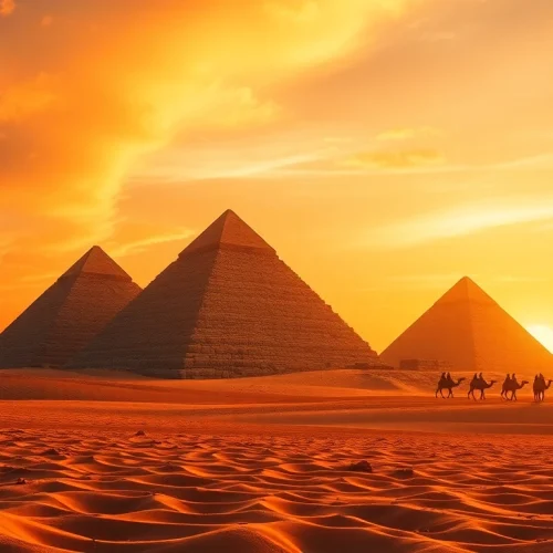 Piraminds captured at sunset with rich textures and tranquil atmosphere.