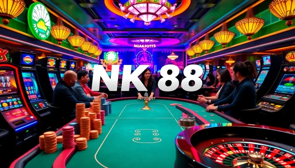 Players strategize at the NK88 poker table while vibrant slot machines await their next spin.